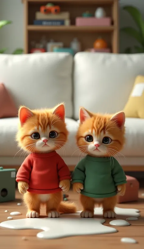 In cinematic 3D style ,HD image, realistic image, colourful image. 
Character, Orange baby cat wearing red t-shirt black shots. 
Character, Orange baby cat wearing green t-shirt and black shots.
Action,Inside the house, both the baby cats are standin facin...