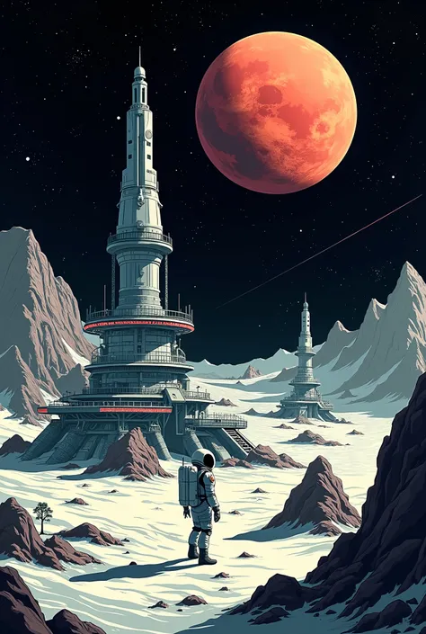 American comic book style drawing of a moon base, you can see a planet far away in the sky, an astronaut, drawing in the style of illustrator Benjamin Lacombe