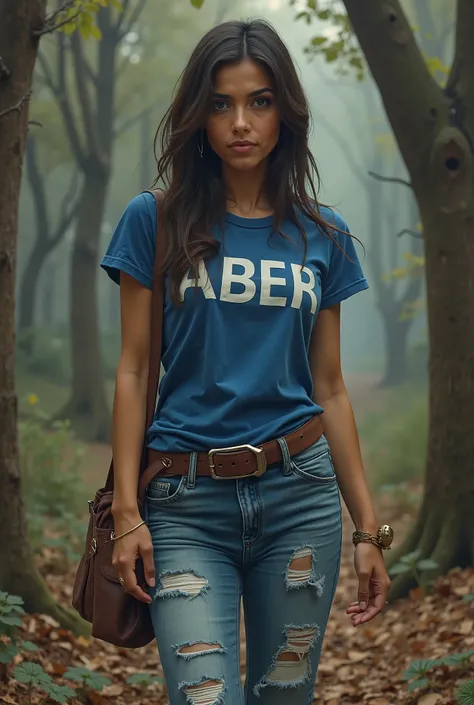 Une image réaliste caractérisée par des détails précis, dune femme arabe forte, aux yeux noirs perçants et sévères, portant un jean serré et déchiré, un T-shirt bleu foncé portant le mot (ABER), et des chaussures en cuir, portant une grande hache et coupan...