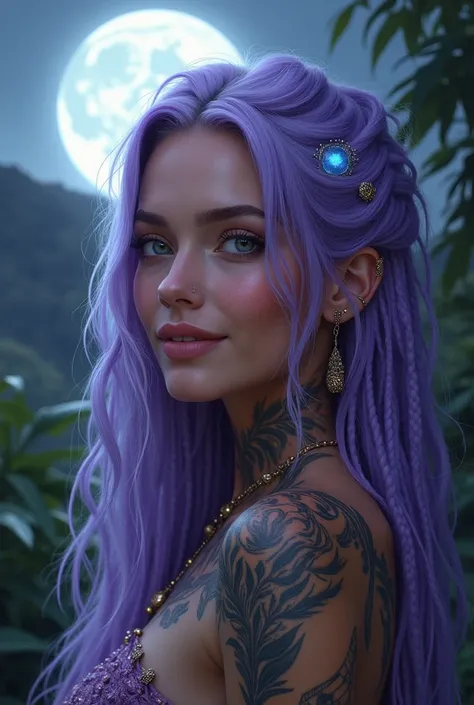  A beautiful woman smiling tattooed with long platinum purple hair and dreadlocks, Make up caressing an elephant full moon background , rio

