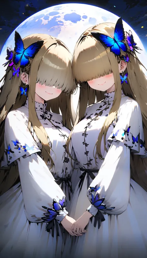 2girls, (twins:1.5), long hair, golden hair, looking at another, blush, smile, closed mouth, jewelry, (cowboy shot:2.0), outdoors, earrings, white dress, hair flower, (hair over eyes:1.7), night sky, full moon, purple flower, butterfly hair ornament, blue ...