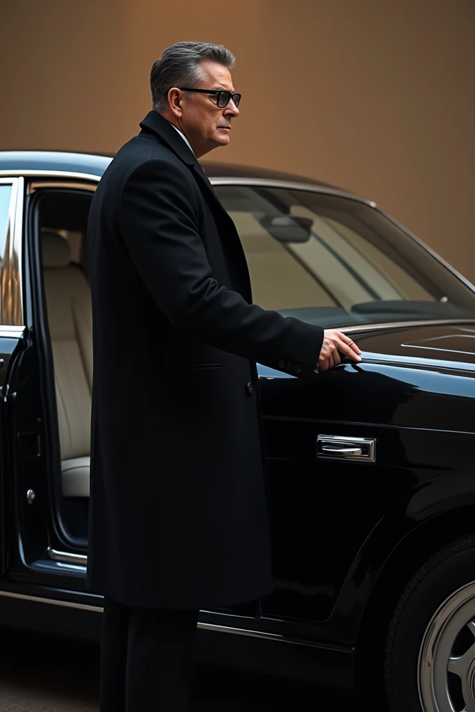 In side is hands on car door of rolls infornt  full images royce black car side door open a business man with black coat shoot dress black eye glass in stand side of the car background light font moral  about rolls royce generate image This image convert t...