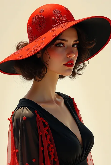 A mesmerizing hyperrealistic illustration of a sophisticated woman exuding grace and confidence. She dons a stunning wide-brimmed red hat adorned with intricate designs, casting a subtle shadow over her enchanting face. Her classic black dress features a b...