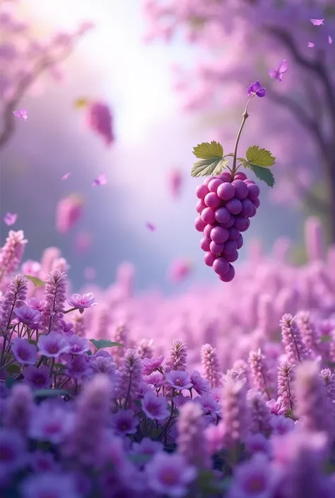 Purple Color Scene (Purple Flowers and Grapes)

Prompt: "A vibrant field of purple flowers and bunches of purple grapes floating playfully in the air. The purple hues should be bright and dreamy, set in a tranquil garden-like environment."