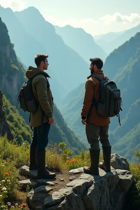 Men behind side,on the muntain top and see the plants and green nature