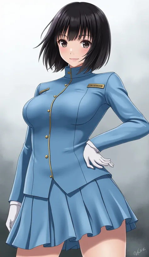 (highest resolution, distinct_image), best quality, masterpiece, highly detailed, semi realistic, a woman with black shoulder length hair, black pupils, mature, mature woman, imperial sister, sexy, short hair, triple bangs, light blue uniform, light blue u...