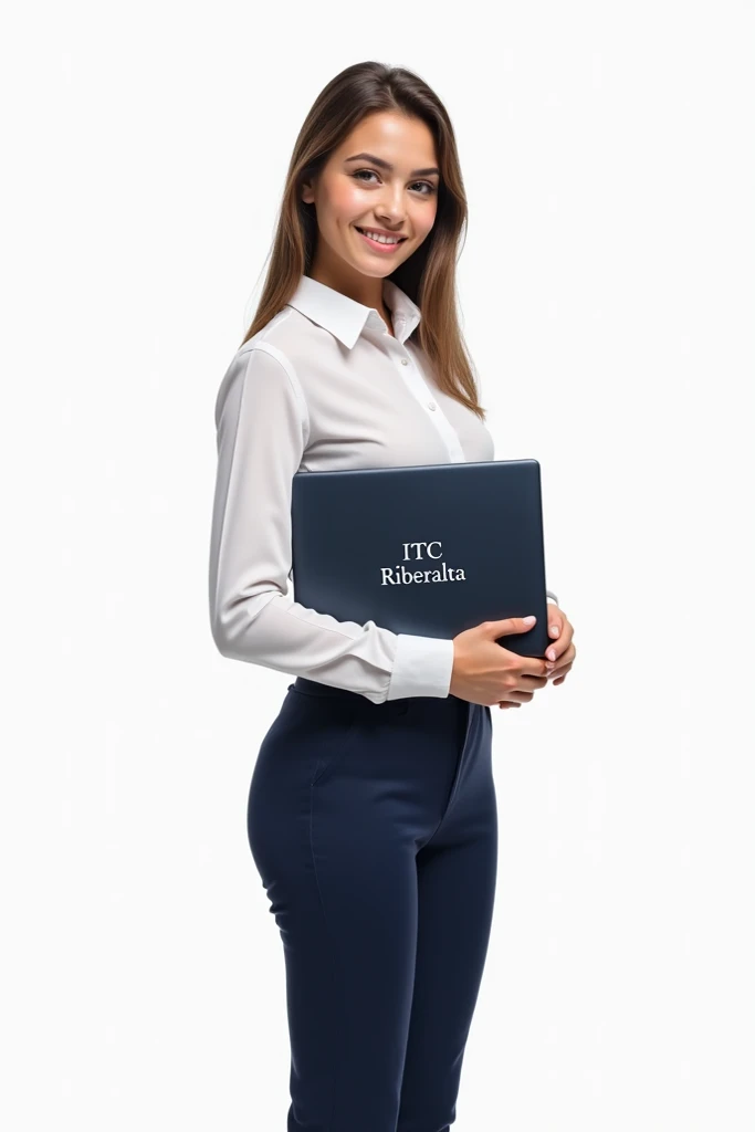  A beautiful American girl in a high school suit, white blouse and navy blue pants holding a laptop in her hands,  that poses as if she were inviting her to study at her institute . On the laptop cover that says "ITC Riberalta ", The font of the text that ...