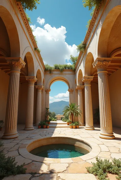 closed place with no ceiling, where you can se the sky. the style is a greek one where there is a hole in the center of the floor. there are people who are oferring some vegetables and there is there are rich person in the center as well