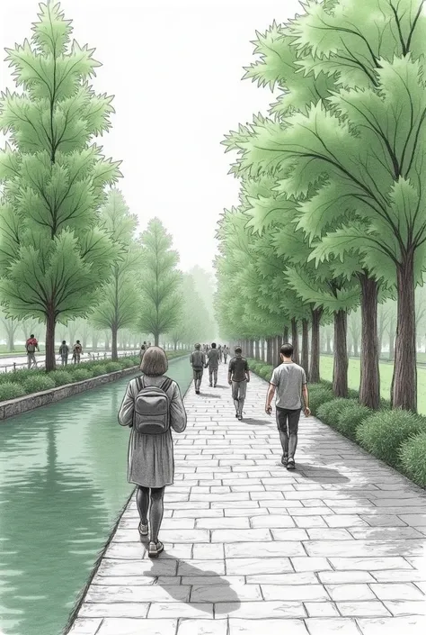 Create an image as a pencil sketch of a green space with a river on the left side located in Chile, the eighth region focused on pedestrians and tree care 