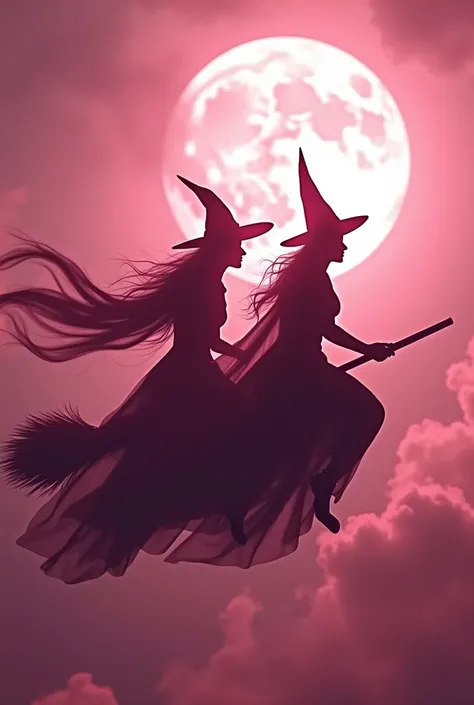 Create the shadow of two beautiful witches flying on a broom in the pink sky with a full moon 