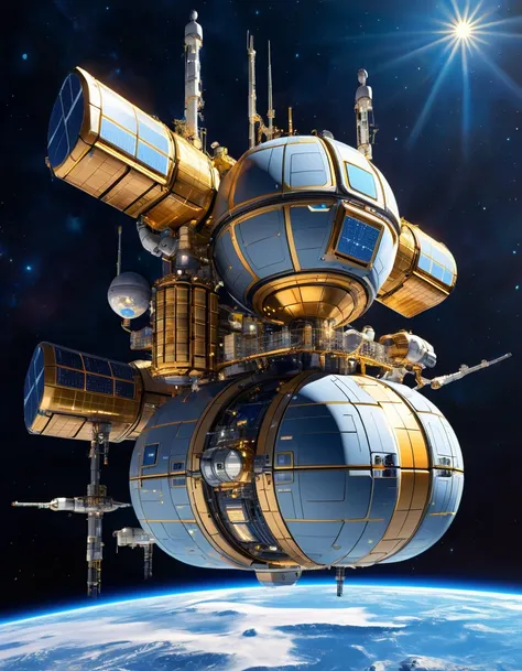 A modular space station, built in Blender - a mass of connected cylindrical modules, some for research, some for habitation, and some for storage. Solar panels shine gold in the background. Mechanical arms, used for manoeuvring cargo, protrude at the rear ...