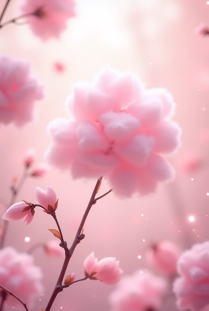 Pink Color Scene (Cotton Candy and Flowers)

Prompt: "Fluffy pink cotton candy floating in the air, surrounded by soft pink flowers. The scene should feel dreamy and gentle, with soft pink tones and sparkles."