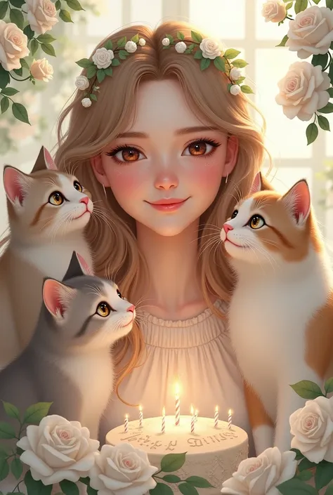 HAPPY BIRTHDAY ANDREA, Echo with white roses and cats,  extra long hair  