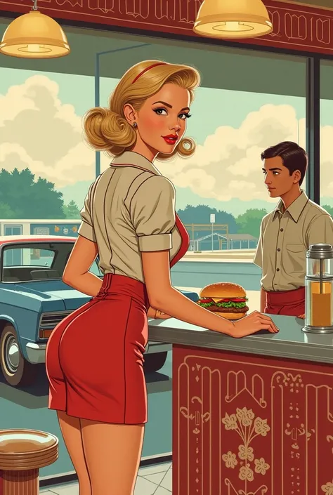 in n out,clerk, girl, Big Breasts , Blonde,  shortcut,  close one eye, hamburger,American Car, Ukiyo-e, 