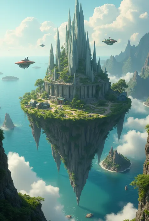 a rural civilization from the year 2145 that lives on floating islands above the sea after a global tecnological and ecosistem crisis put some flying cars that the civilization uses as a transportation method