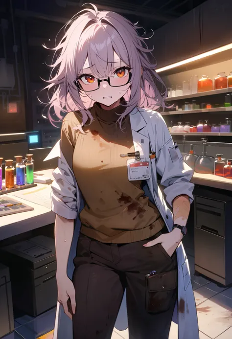 masterpiece, best quality, amazing quality, very aesthetic, 4k, 8k, absurdres, solo, 1girl, young, light lilac hair, shoulder length hair, messy hair, amber eyes, square glasses, cracked glasses, nervous look, sweat, pale skin, stained lab coat, rolled up ...