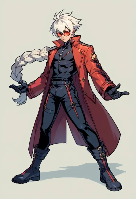 Blazblue anime ,((Best Character Design)) ,human Male,((oc)) ,Clear Skin , round Red SunGlasses , white hair,long braided ,zip Red Coat  , Black Gloves  , Black boots , Full body ,pose , Black shirt , Black Pants 