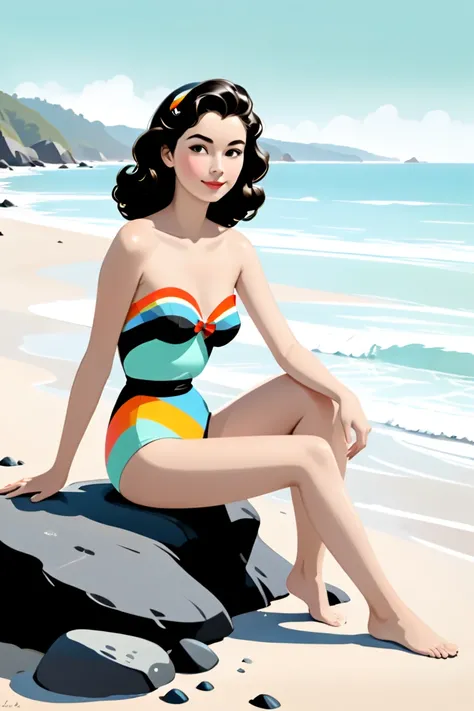 color minimalist illustration, full body shot of teenage Ava Gardner, sitting on top of a big rock on a beach shore, barefoot, high marked cheekbones, green eyes, long black wavy hair, 1950s colorful strapless swimsuit, california beach background, full na...