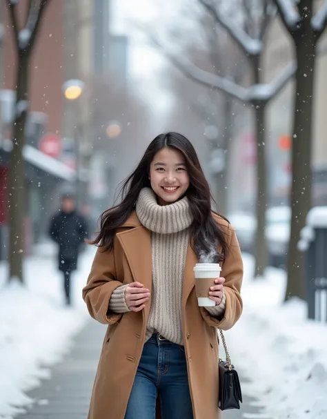 Photography style of a 24 year old Indonesian woman wearing Korean style winter clothes, smiling face, looking at the camera in wide shot, walking on the street in snowy weather, holding a cup of coffee,