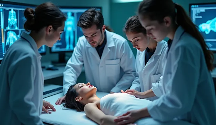 Scientists with a dead body of a young woman , that scientists are monitoring womens bodies on a digital screen 