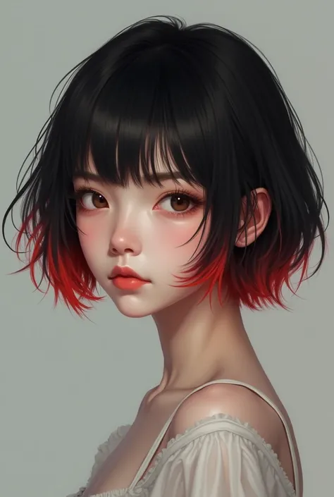 realistic japanese girl with short hair and the ends dyed red 