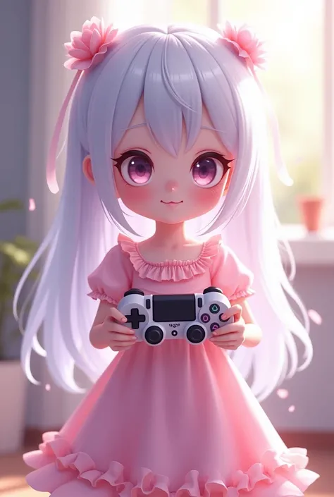 Anime ghost cute girl holding game Cantroller in hands wearing pink dress