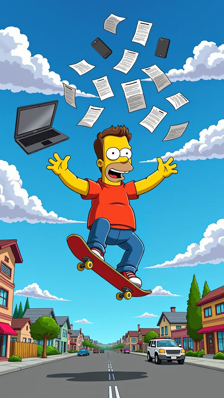 a caricature of a man throwing a laptop, an iphone, and many papers into the air, set in the world of the simpsons. the man is r...