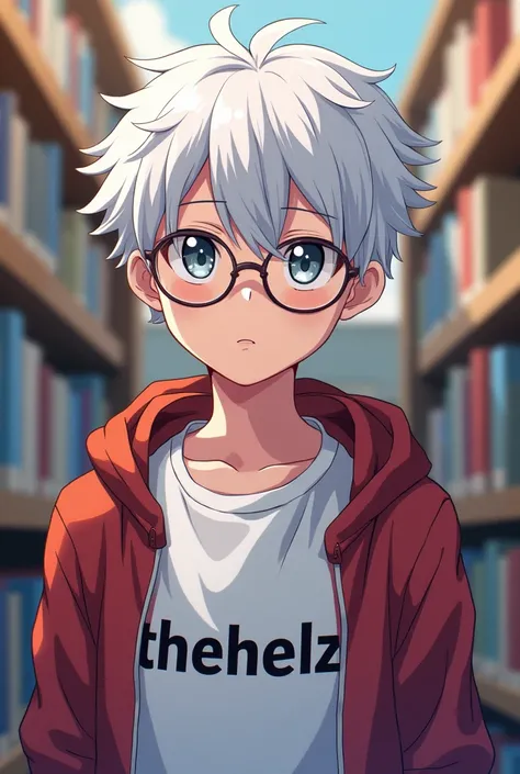  A teenage boy , Is in the Library White Haired She Wears Glasses,looking at the camera,  Her name is  "TheHelz "on his clothes,  Anime cartoon 