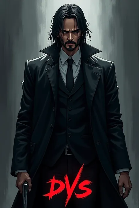 John Wick in a black overcoat half anime with a word
Scribed below "Dvs " LIKE A LOGO 
