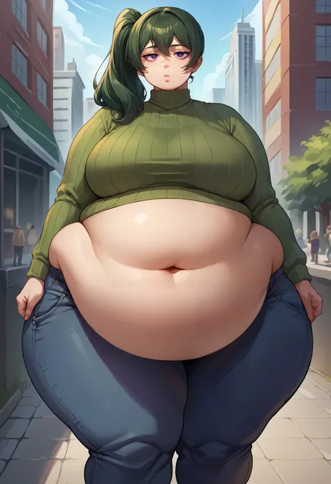 score_9, score_8_up, source_anime, 1girl, solo, UbelFrieren, purple eyes, dark green hair, medium hair, side ponytail, sweater, ribbed sweater, long sleeves, high-waist pants, outdoors, city,  thighs, sfw, huge breasts,huge hips,huge belly, Saggy Belly, fa...