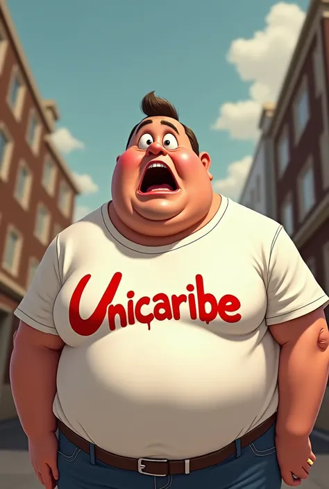  Fat man in a t shirt that says unicaribe, with a surprised and drooling face 