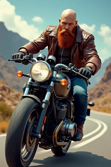 Bearded and red-haired bald man riding a BMW motorcycle