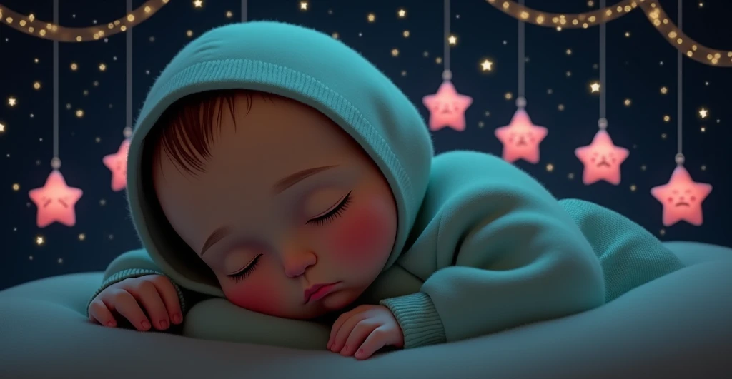 A peaceful sleeping baby swaddled in a soft blanket, wearing a light-colored hooded outfit. The background features a night sky with twinkling stars and adorable pink star-shaped characters hanging above. The scene conveys a serene nighttime atmosphere, en...