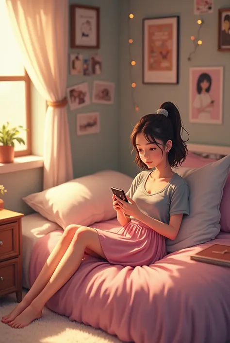 A  girl with a medium size pink skirt and a grey crop to with small boobs
Sitting on a cute bedroom on her phone