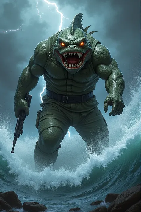 Create an image of a pirarara fish with a mans body, army clothes, gun in hand, furious coming out of the sea, the sea is violent, lightning and thunder, the sky is dark with several lightning bolts and the fish is ready for battle