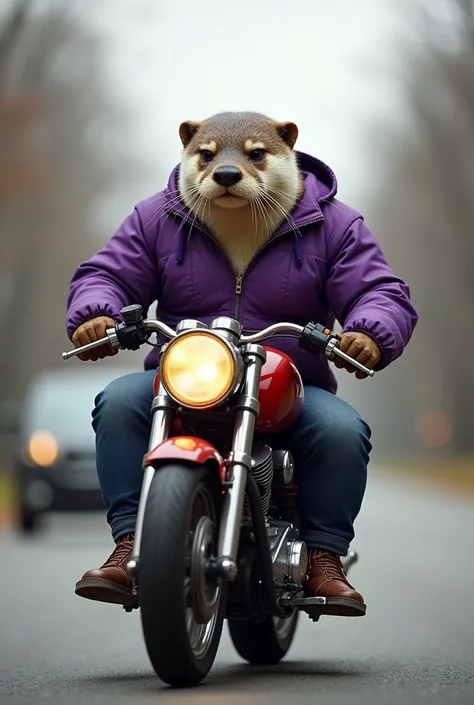  A nutritionist otter (wearing a purple  )  muscular jacket on a motorcycle ,  and that the motorcycle patent is  "Bongy ". 