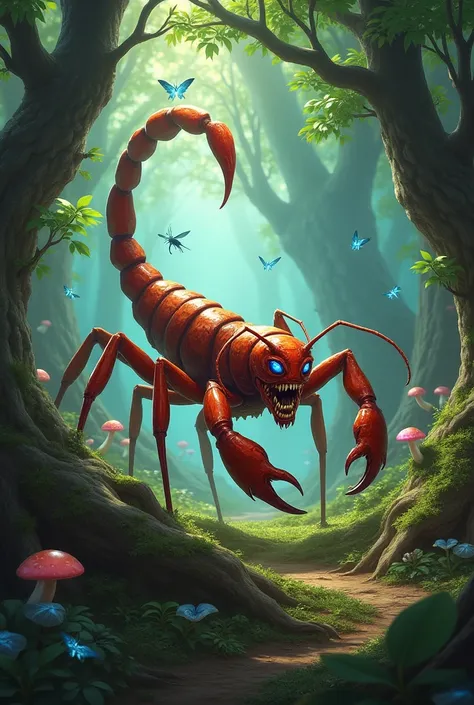 Ant-scorpion hybrid, an ant with a scorpion tail. in a mystical forest, realistic high quality.