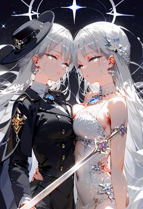 Two intimate women, celestial twins, long silver Hair，One a ethereal light sorceress the other an ethereal shadow sword saint. Sexy white woman, two tone black & silver hair, glowing silver eyes, black or white outfit with silver framed gemstones. white an...