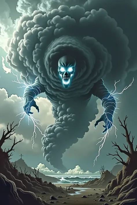 "An anthropomorphic hurricane depicted as a malevolent and ominous figure. Its eyes glow menacingly at the center of its vortex-like body, composed of dark storm clouds and crackling lightning. Its arms are formed from violent winds and streaks of lightnin...