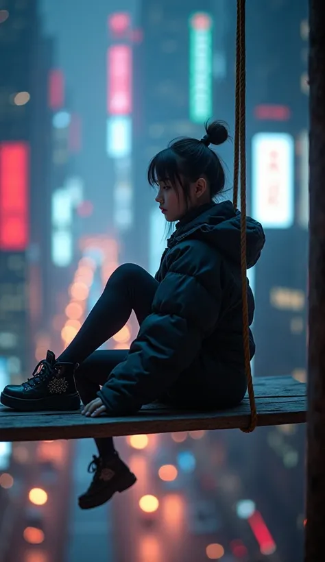 Sci-fi movie posters， An 18-year-old beautiful Chinese girl from a futuristic world sitting on a suspended wooden board， The background is a blurred night view of a cyberpunk-style city ，Brilliant city lights ， Award Winning Masterpiece ，4k HD，Best picture...