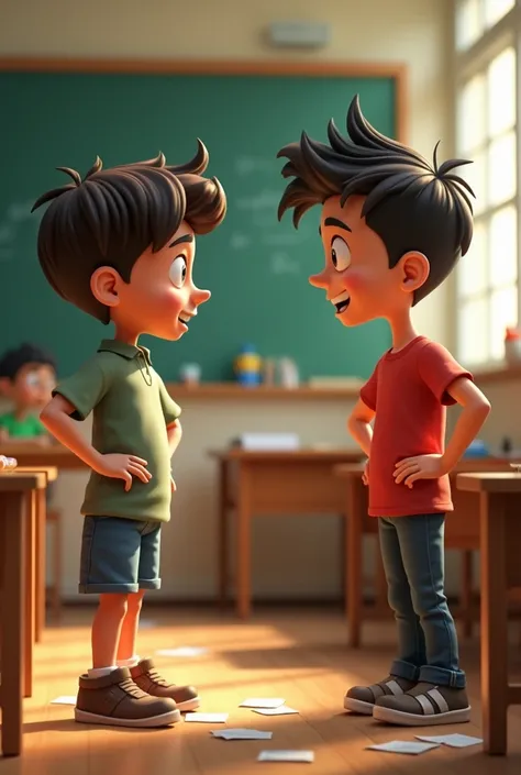 A bold young boy, standing up confidently, arguing with the teacher in a classroom. The boy has a smirking expression, hands on his hips. The teacher looks stunned, stepping back in disbelief.
Generate in cinematic 3d cartoon style