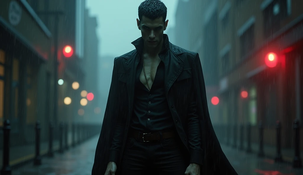 Render neo-noir masterpice, modern male vampire in aggressive pose, brutal man vampire, Night city, heavy rain, gothic atmosphere, depressed mood, best quality, Vampire the Masquerade style, absolute realism, amazing quality, best HD photo, beautiful long ...