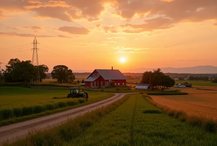 A real photo of a rural location at dusk ,  with green fields extending to the horizon ,  a golden wheat plantation next door and a dirt road lined with tall trees. IN THE SKY,  vibrant shades of orange and pink , with slightly scattered clouds . In the mi...