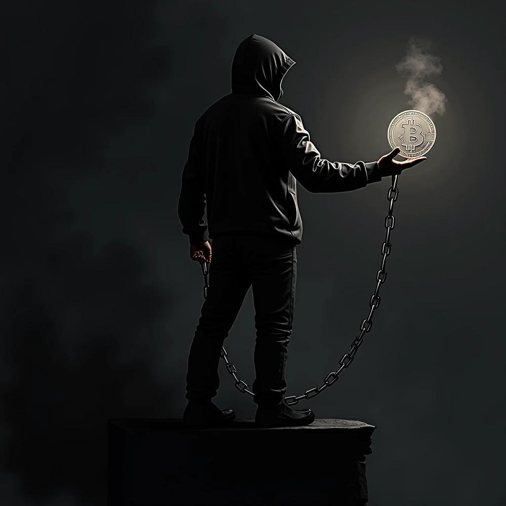  contour graphic ,  dark and black , haze, black smoke, black, only outlines , only lines ,  sharp contrast, night, dark and scary ,  shirt has black , 

 a beggar in a black hoodie stands proudly on the edge of a skyscraper and holds bitcoin on a chain in...