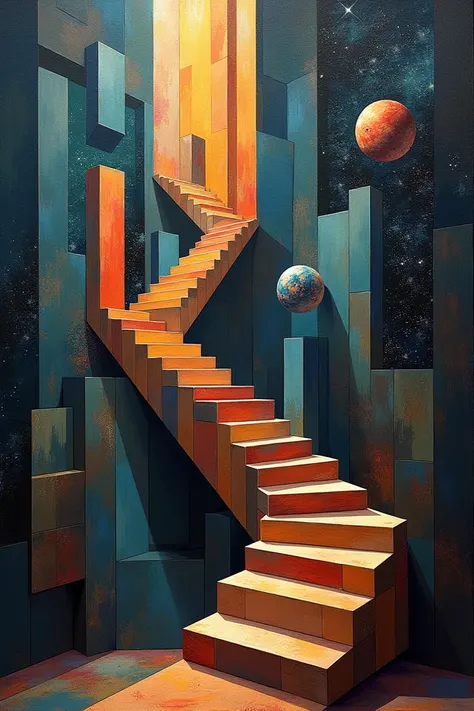 Make a cubism painting of space with the main pattern of a staircase 