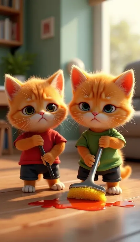 In cinematic 3D style ,HD image, realistic image, colourful image. 
Character, Orange baby cat wearing red t-shirt black shots. 
Character, Orange baby cat wearing green t-shirt and black shots.
Action,Inside the house, both the baby cats have a big cleani...