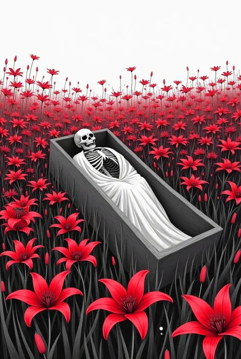 a bunch of red spider lily in the field a little bit easy to draw black and white color drawing but beautiful  with  skeleton in the middle lying in a coffin