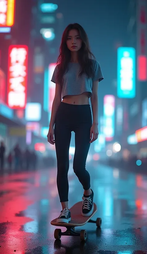 Sci-fi movie posters， a beautiful 18-year-old Chinese girl from a future world sitting on a suspended skateboard，She is wearing a tight t-shirt ，Yoga Pants，Daddy shoes， The background is a blurred night view of a cyberpunk-style city ，Brilliant city lights...