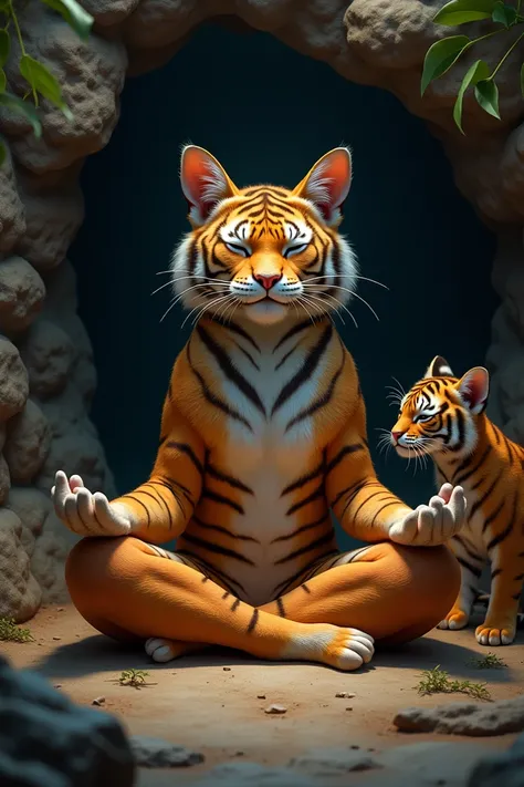 Vaishnava cat meditating in tigers den, tiger cub on one side