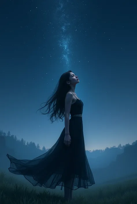 Generate an image of a girl in a back dress looking at the night sky with the highest quality 